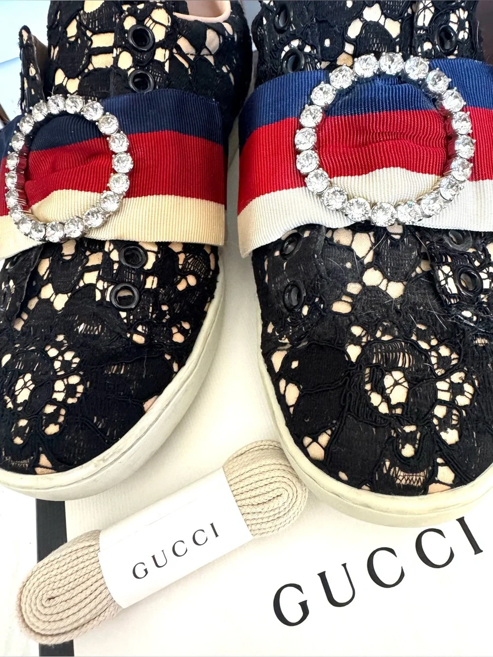 Size 5 Gucci Black Lace Sneakers with Red-Navy-White Ribbon and Crystal Buckles